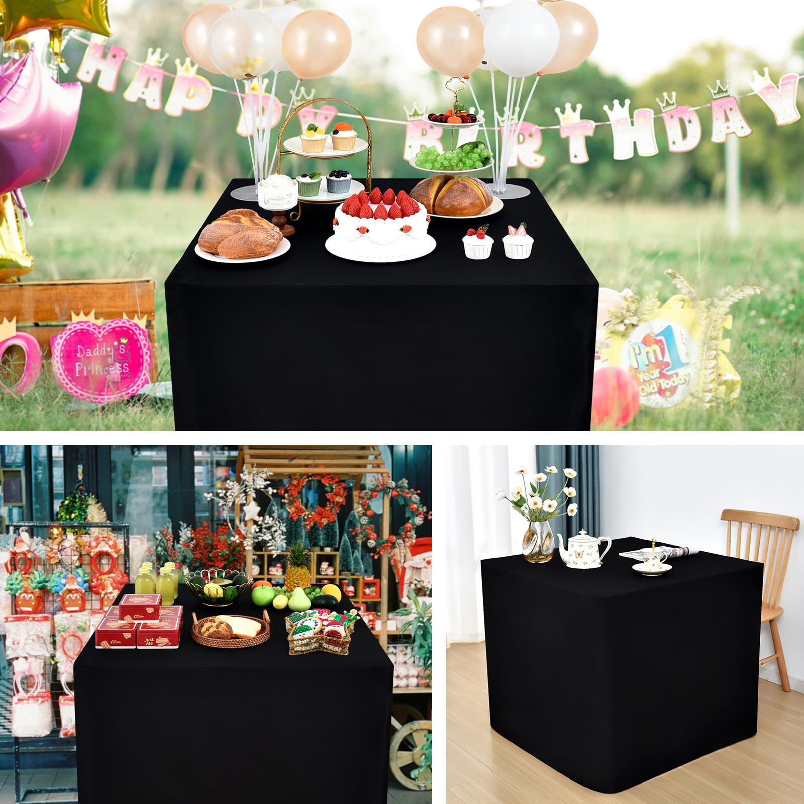 Nacuci 34x34 inch black open-back tablecloth enabling easy under-table access.