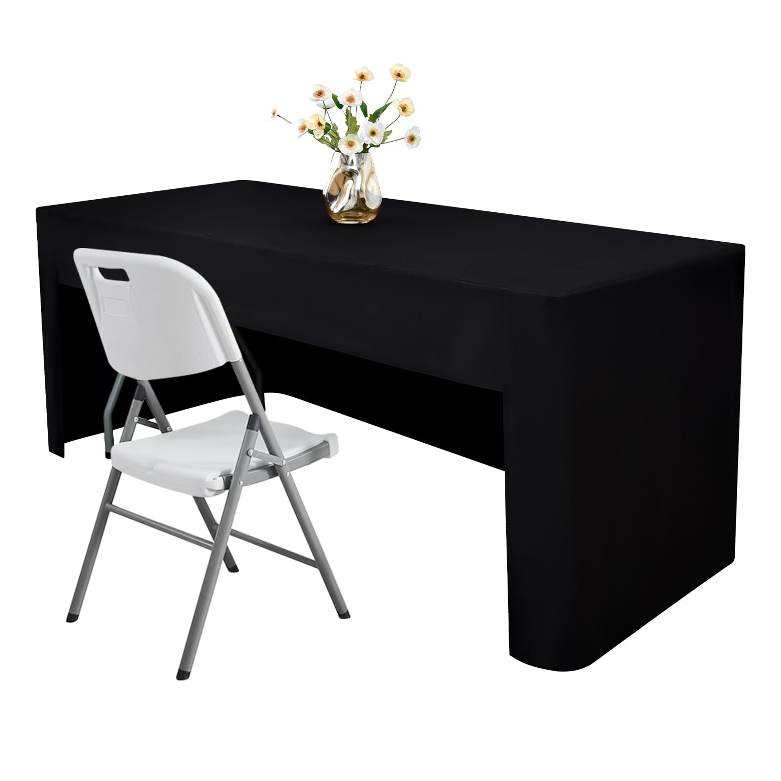 Nacuci 48x24 inch black fitted tablecloth with open back for a clean, professional presentation.