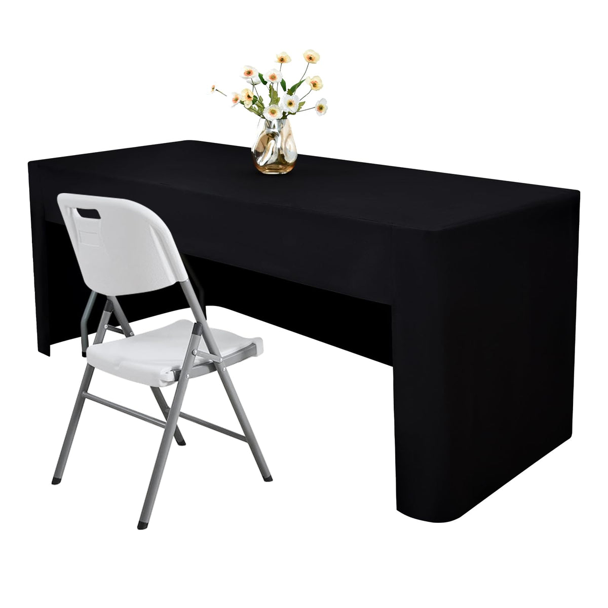 Nacuci 48x24 inch black fitted tablecloth with open back for a clean, professional presentation.