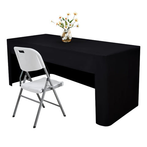Nacuci 48x24 inch black fitted tablecloth with open back for a clean, professional presentation.