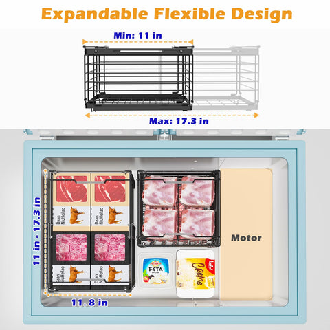 NADAMOO expandable freezer bin showing length adjustment for a precise fit.