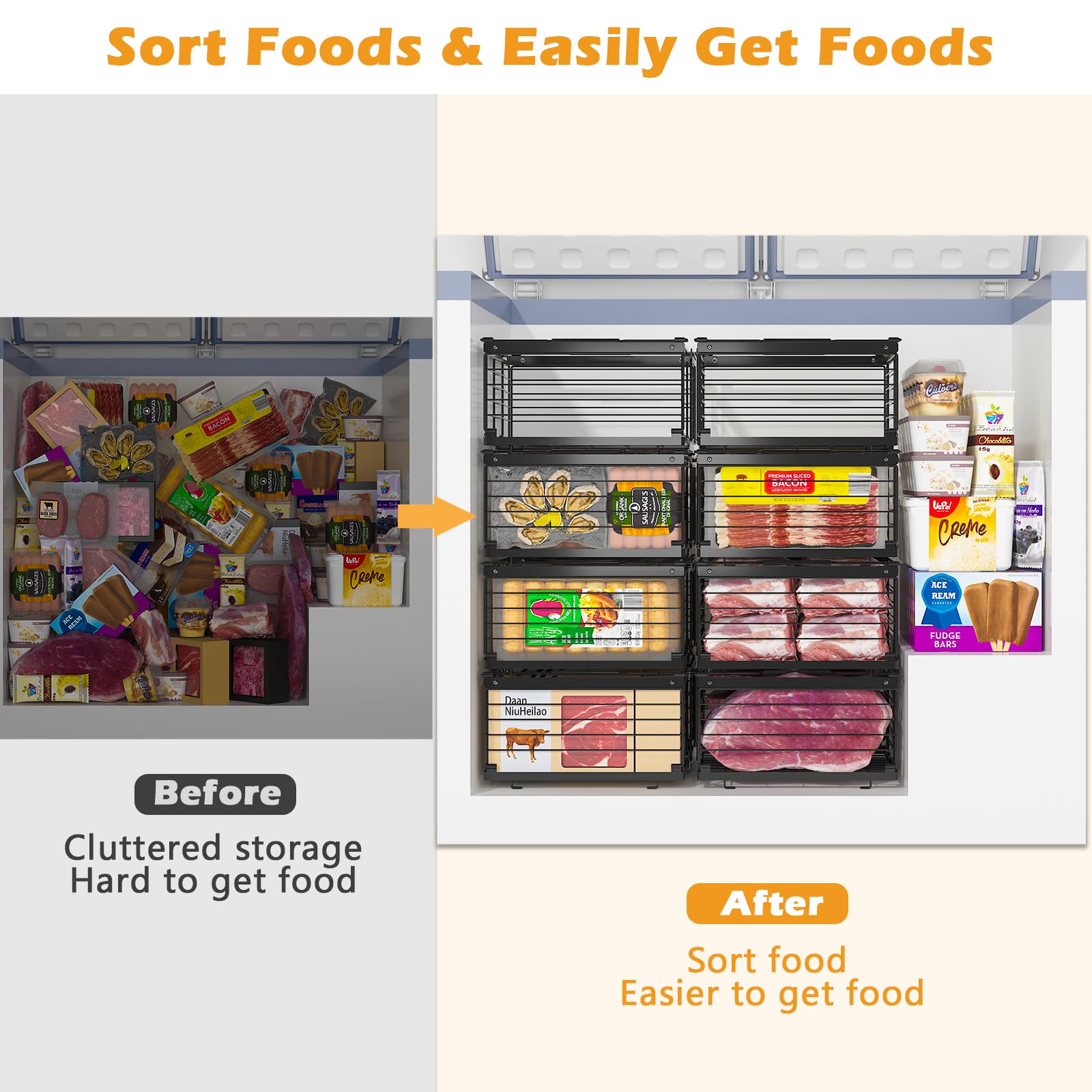 NADAMOO metal freezer basket stackable design supports heavy frozen items.