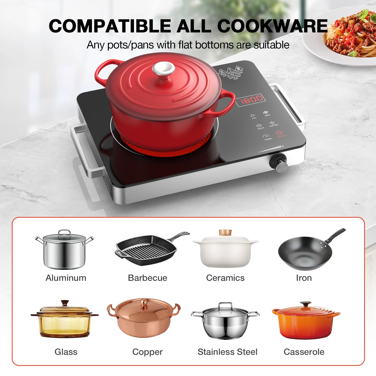 Nafewin infrared heating works with all cookware varieties.