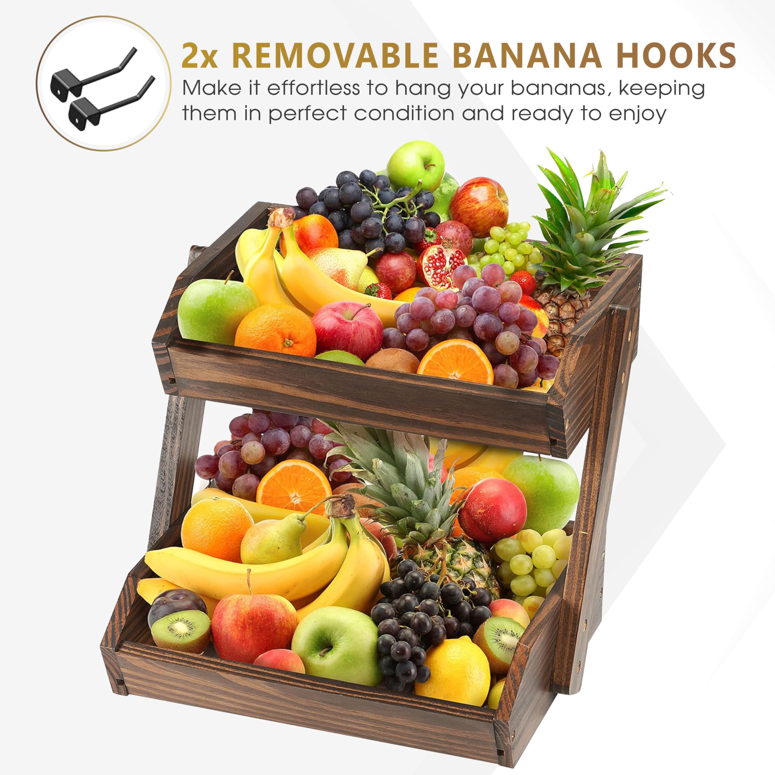 NAGAWOOD two-tier basket top tier display with fresh fruits for easy access.