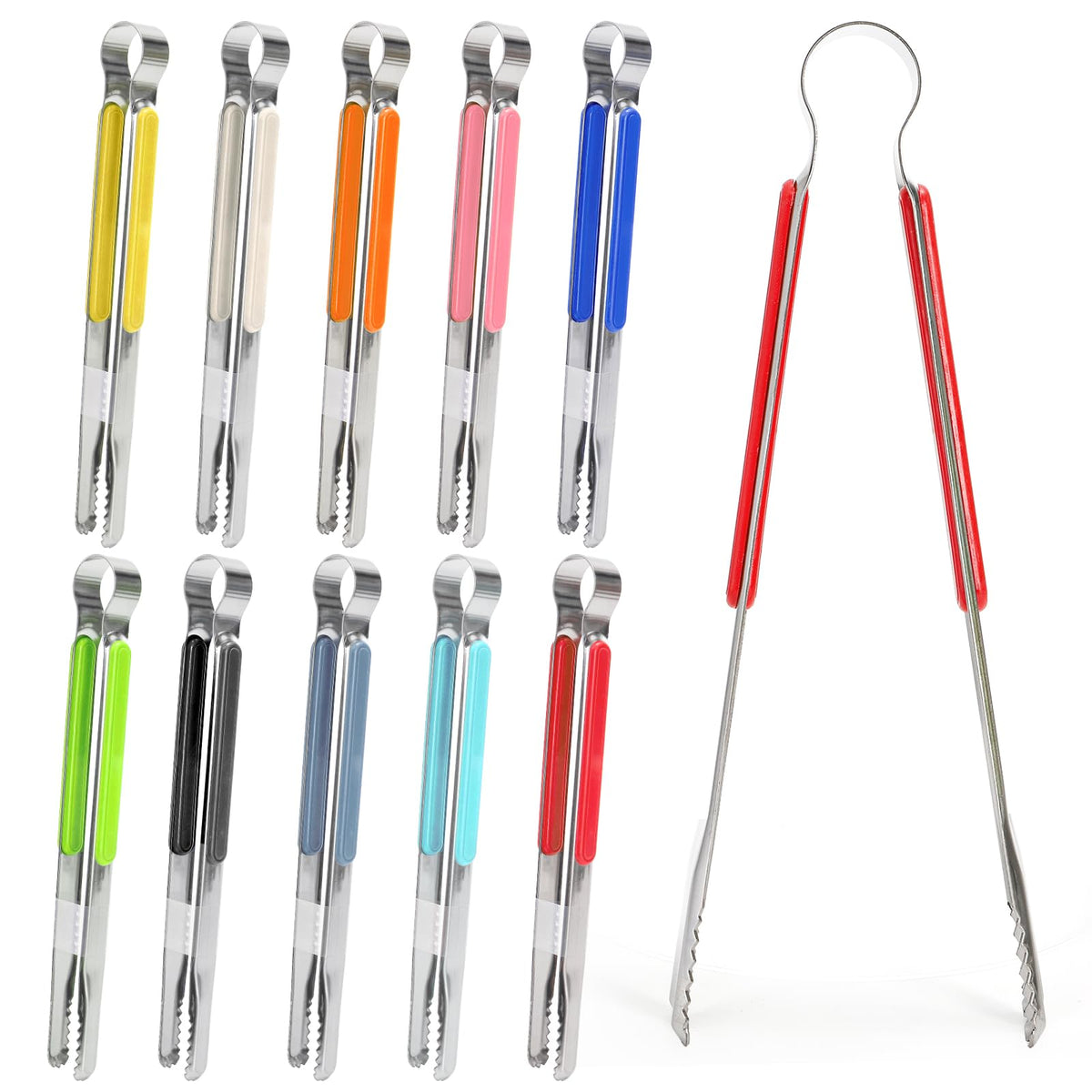 Nagpew 10-pack stainless steel tongs in a color assortment for organized cooking