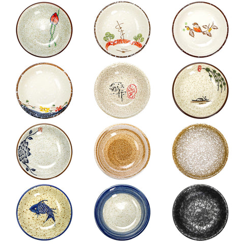 Nagpew 12-piece ceramic sauce dishes in assorted patterns ideal for sushi and appetizers