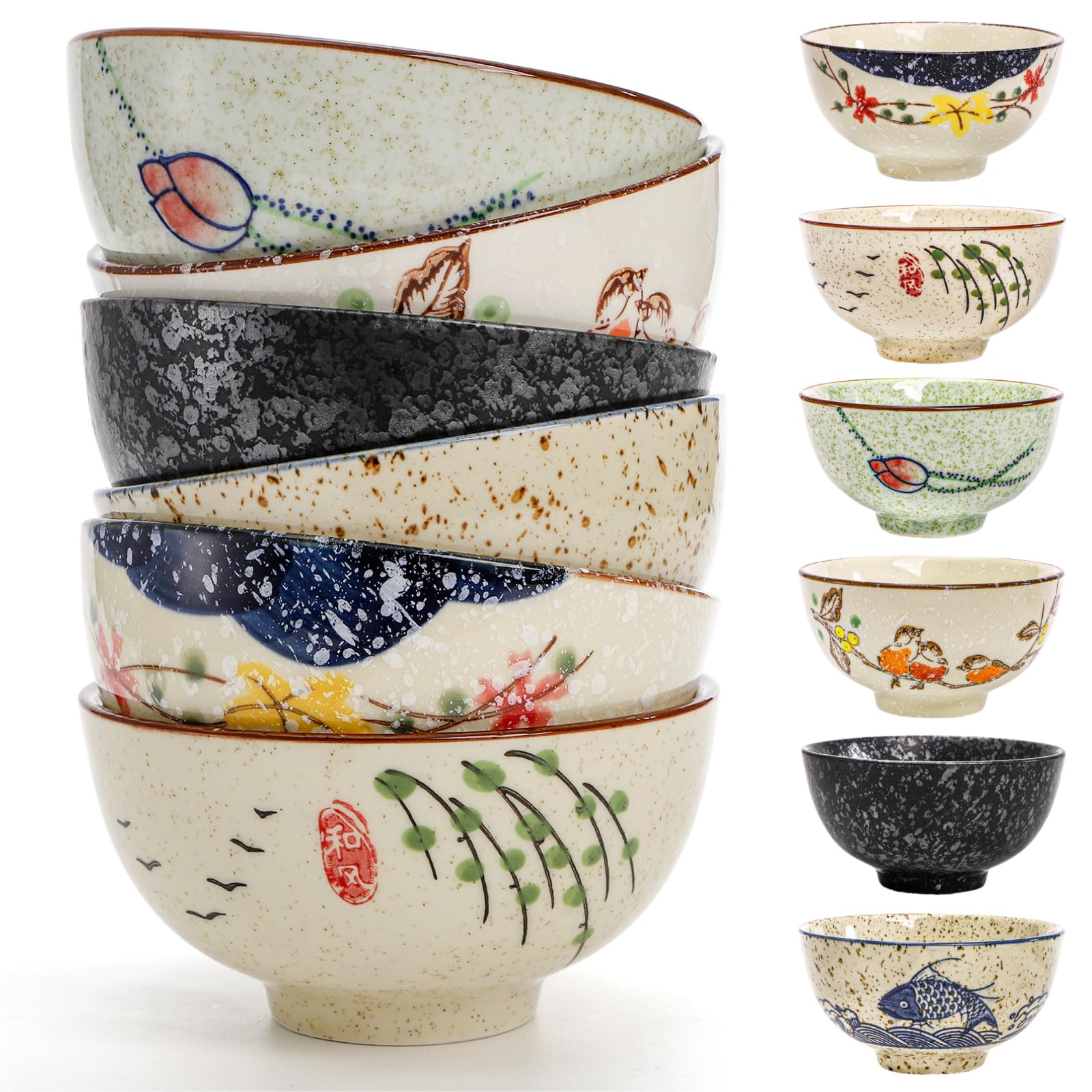 Nagpew six-pack retro ceramic bowls in six styles for everyday meals.