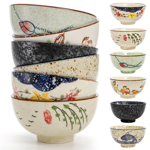 Nagpew six-pack retro ceramic bowls in six styles for everyday meals.