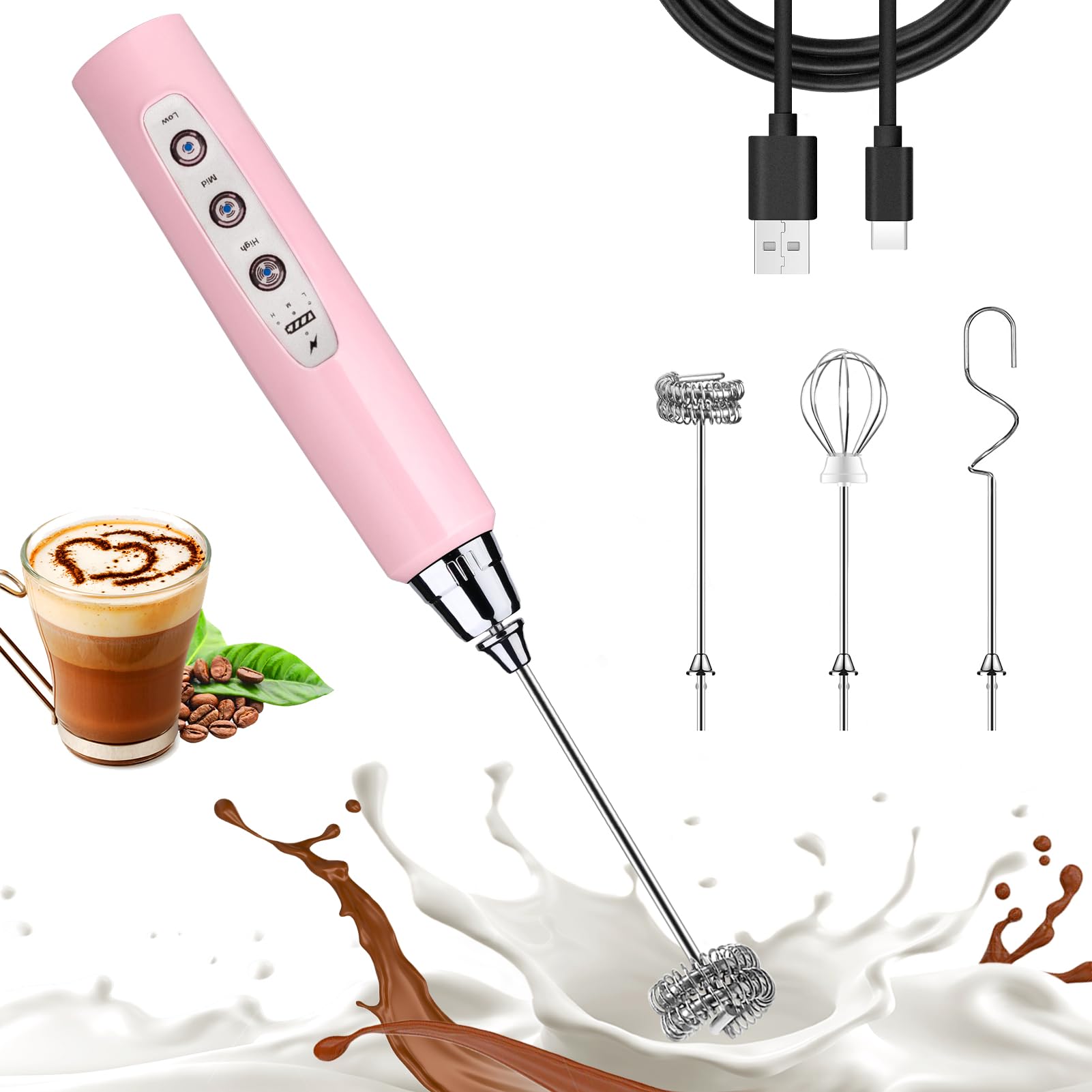 Nahida pink milk frother wand side view with ergonomic grip for quick frothing