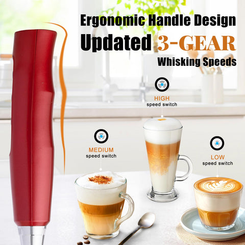 Nahida red milk frother wand operates with a low-noise motor for quiet mornings.