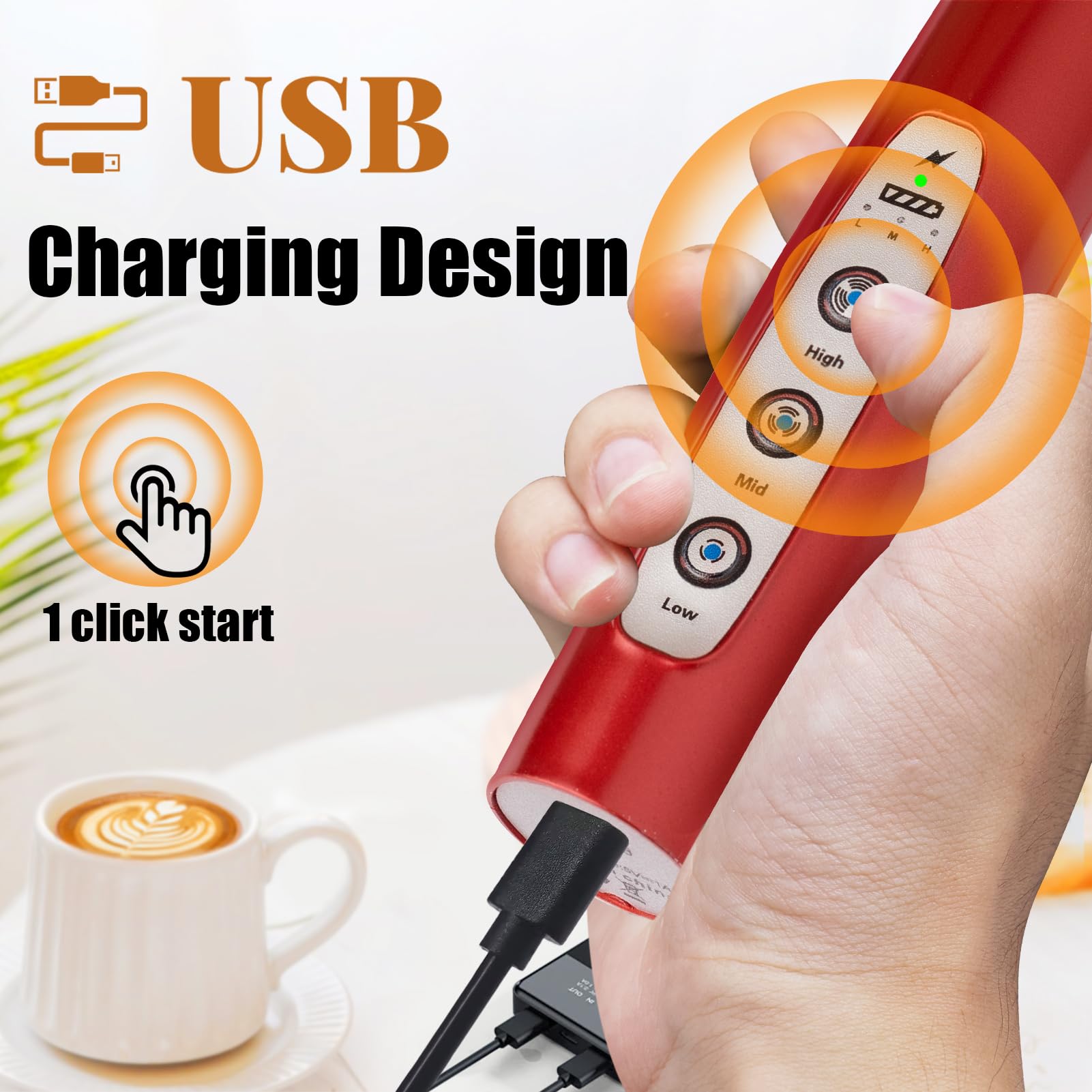 Nahida red milk frother wand with three detachable heads for versatile frothing.