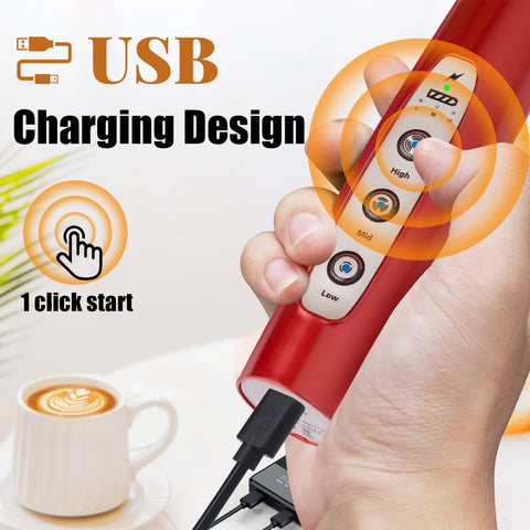 Nahida red milk frother wand with three detachable heads for versatile frothing.