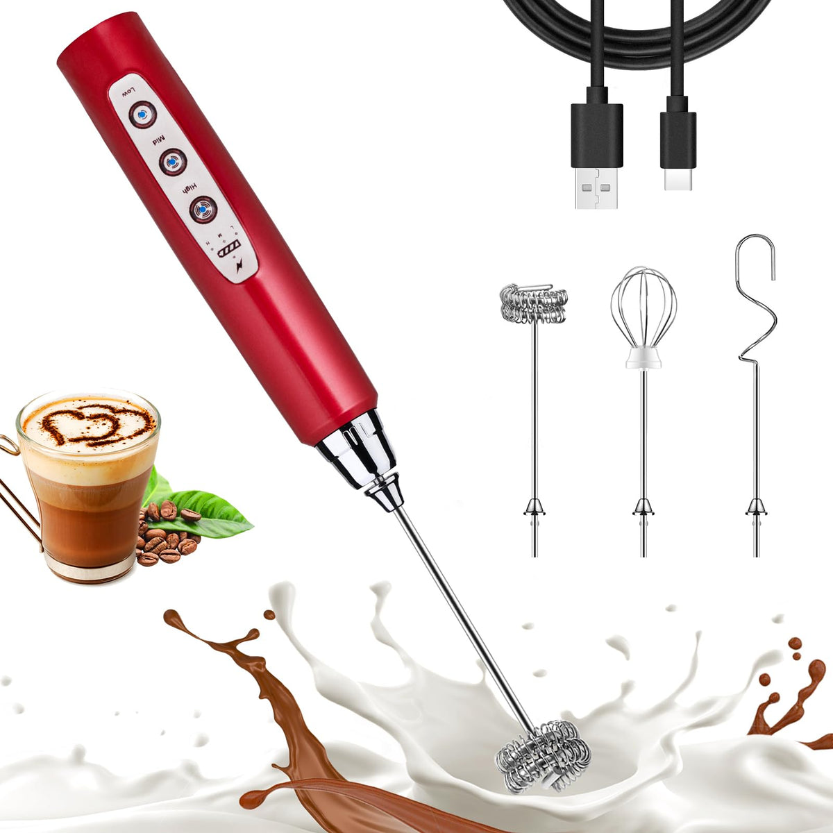 Nahida red milk frother wand with USB charging for cordless convenience.
