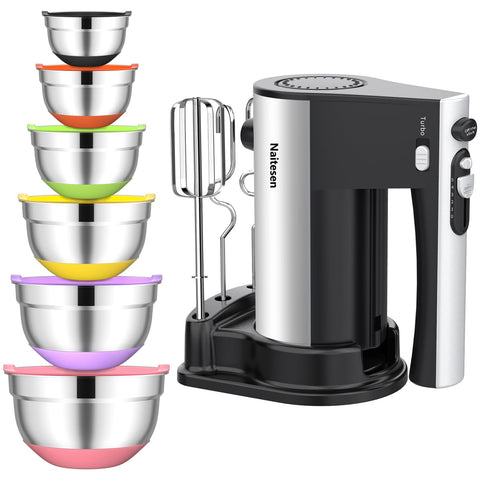 Naitesen 600W hand mixer with bowls and lids for quick batter prep.