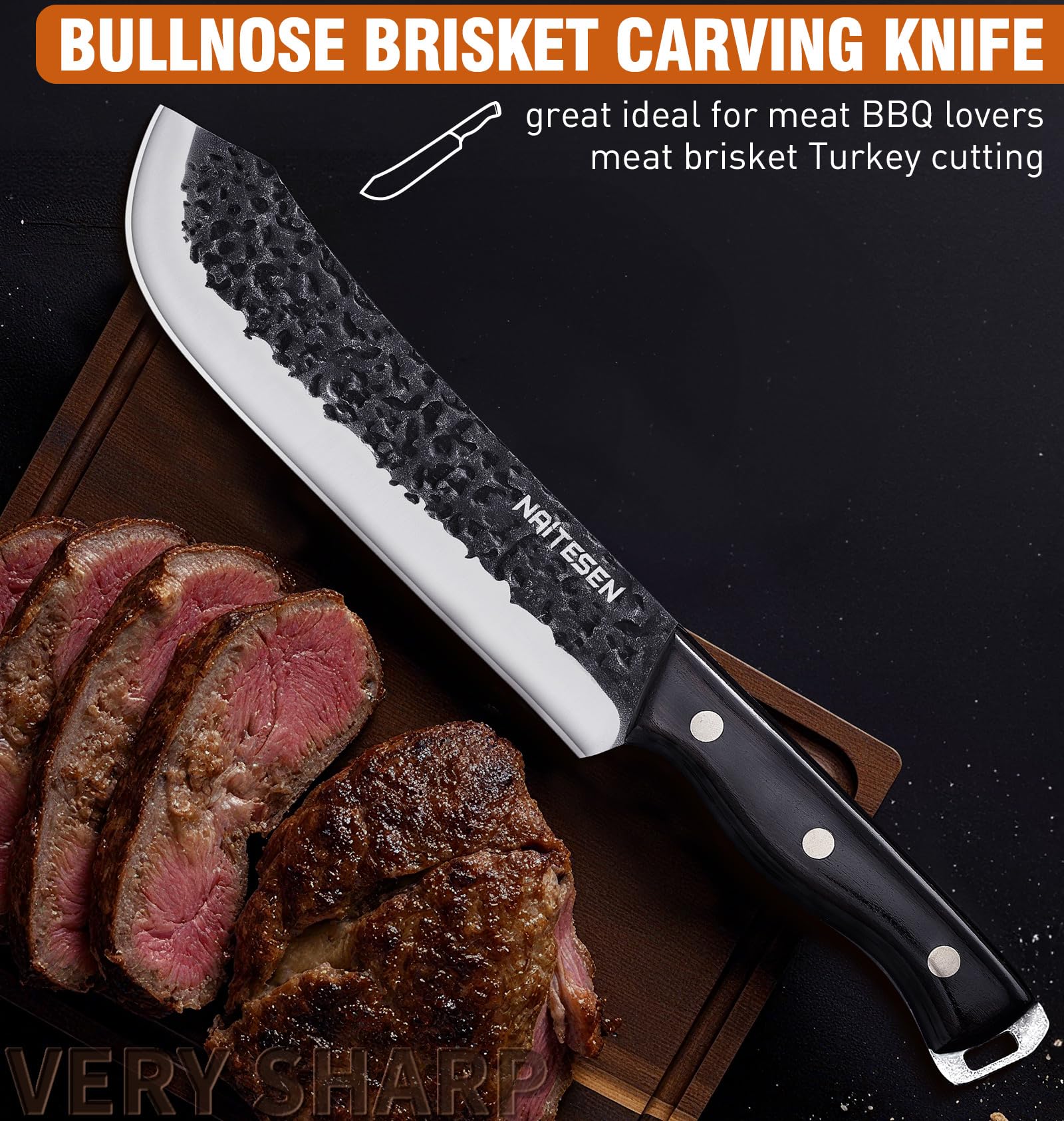 Naitesen 9-inch bullnose carving knife delivers clean slices for roasts.
