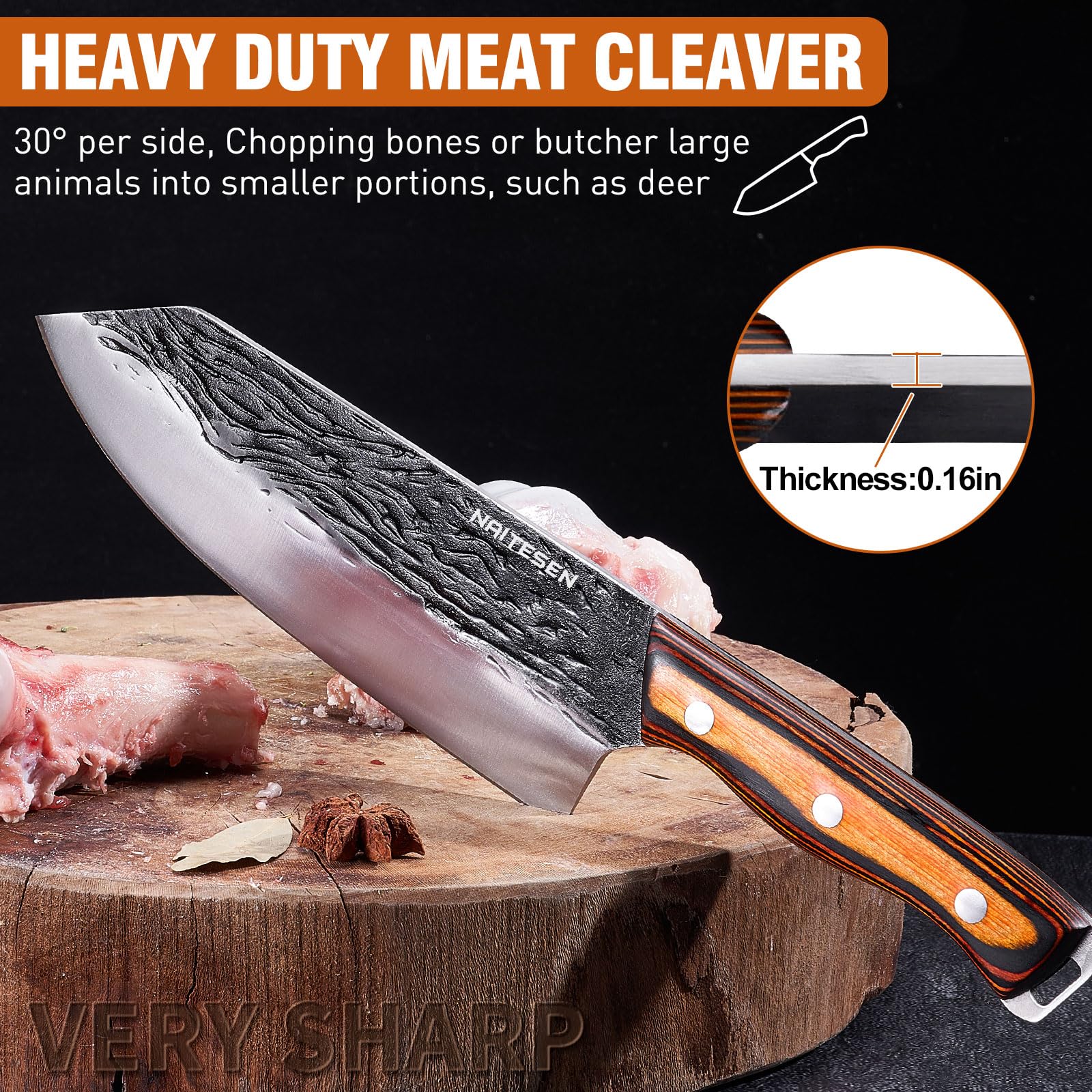 Naitesen breaking knife action for large meat separation and leverage.