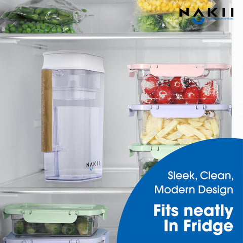 Nakii pitcher in fridge door demonstrating space-saving storage.