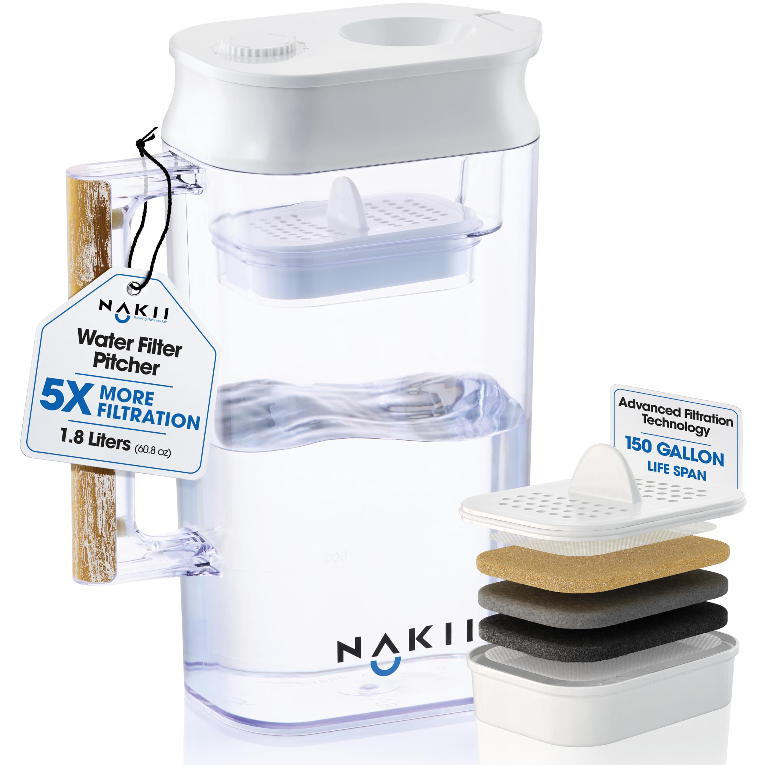 Nakii water filter pitcher with transparent lid illustrating compact fridge-friendly design.