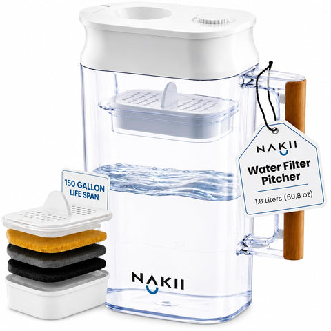 Nakii water filter pitcher viewed from front, sleek and ready to purify.