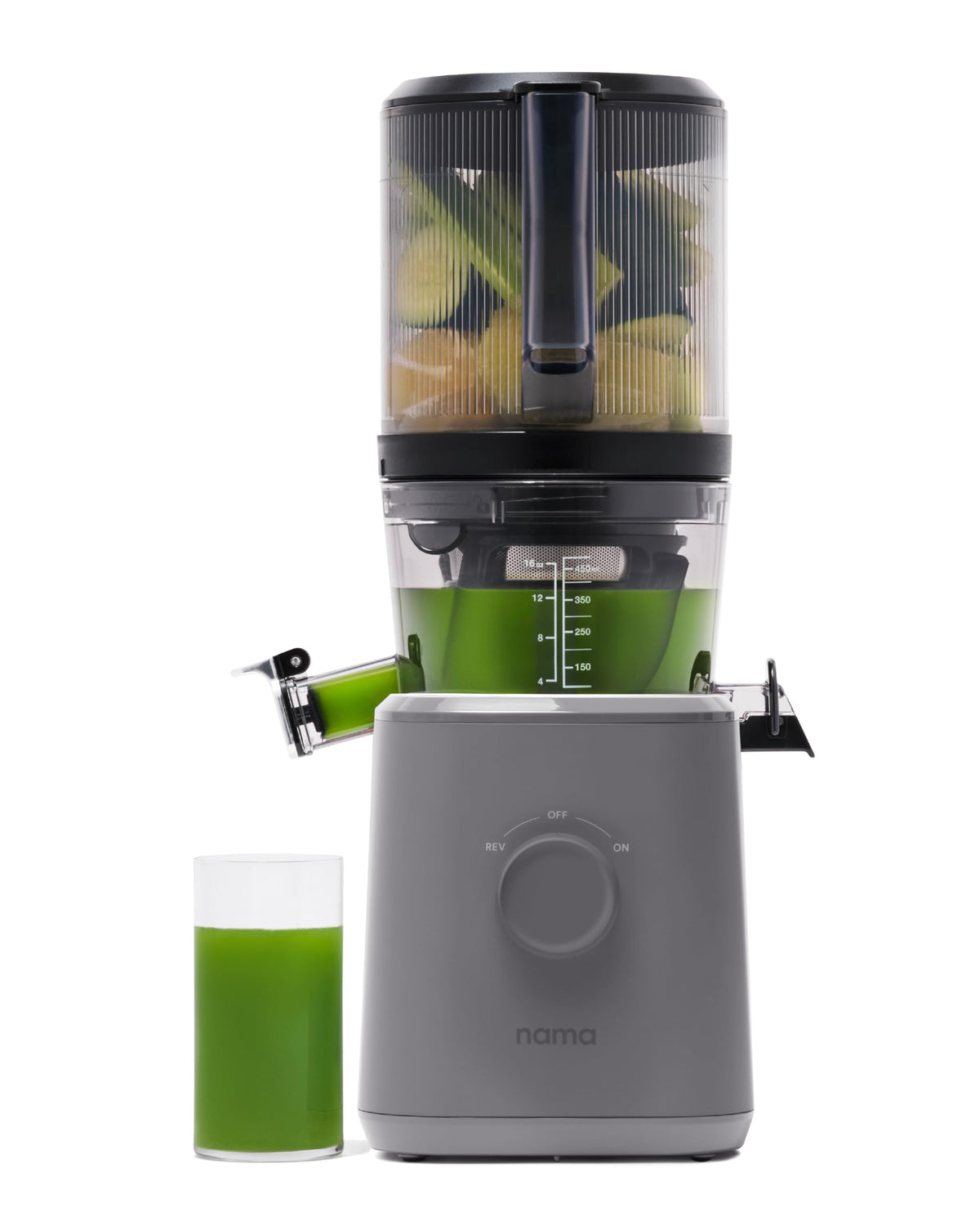 Nama J2 self-feeding hopper enables hands-free loading for quick juicing.