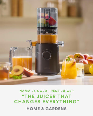NAMA J3 self-feeding operation highlights hands-free prep for quick juice batches.