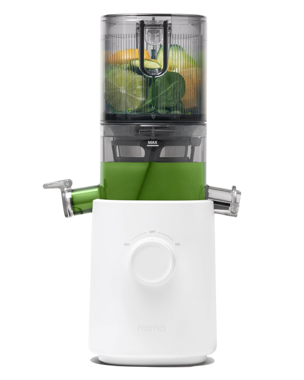 Nama J3 compact juicer front view highlighting space-saving design for small kitchens.