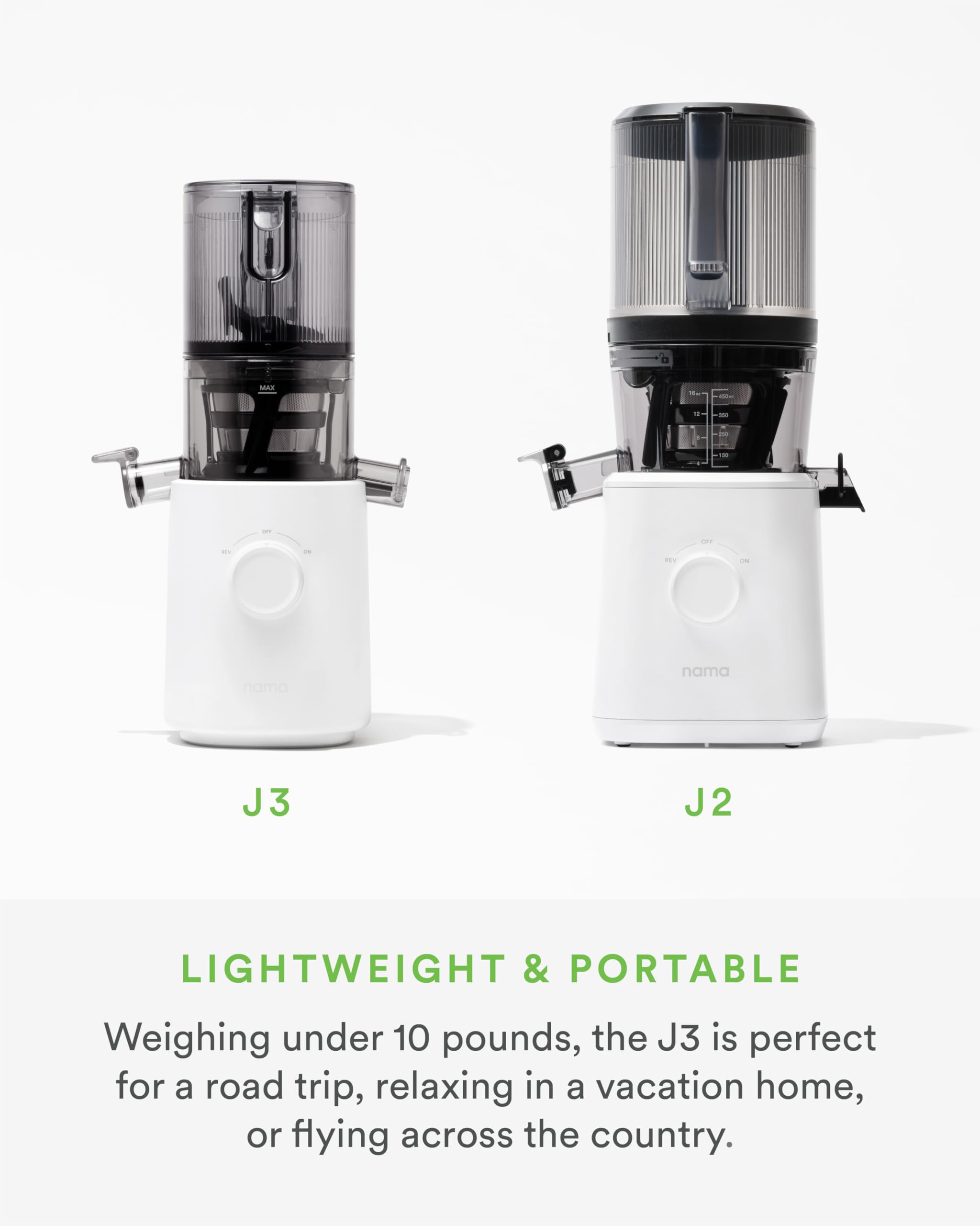 Nama J3 quiet-operation highlights low-noise juicing during use.