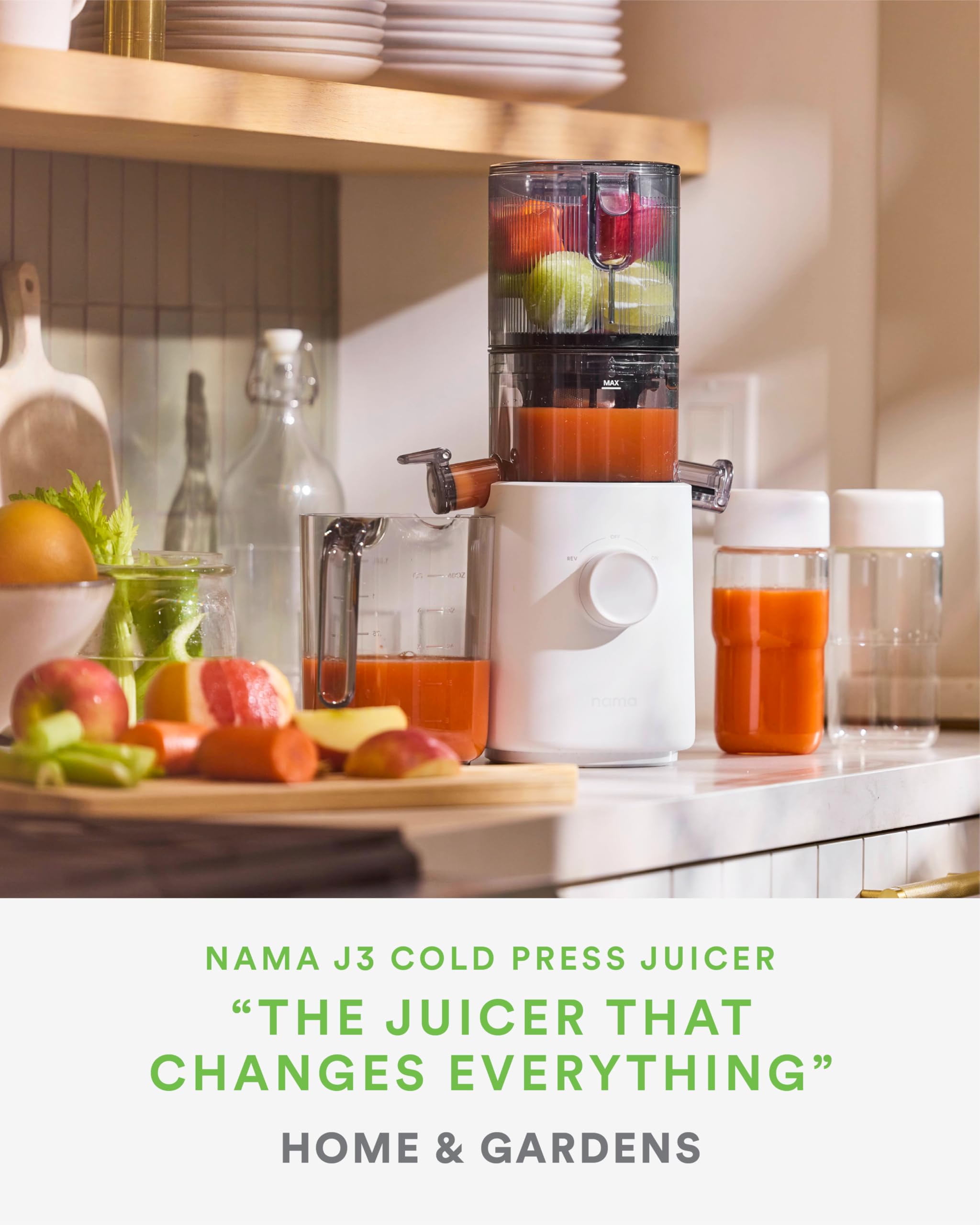 Nama J3 side view showing portable, lightweight build for travel-friendly juicing.