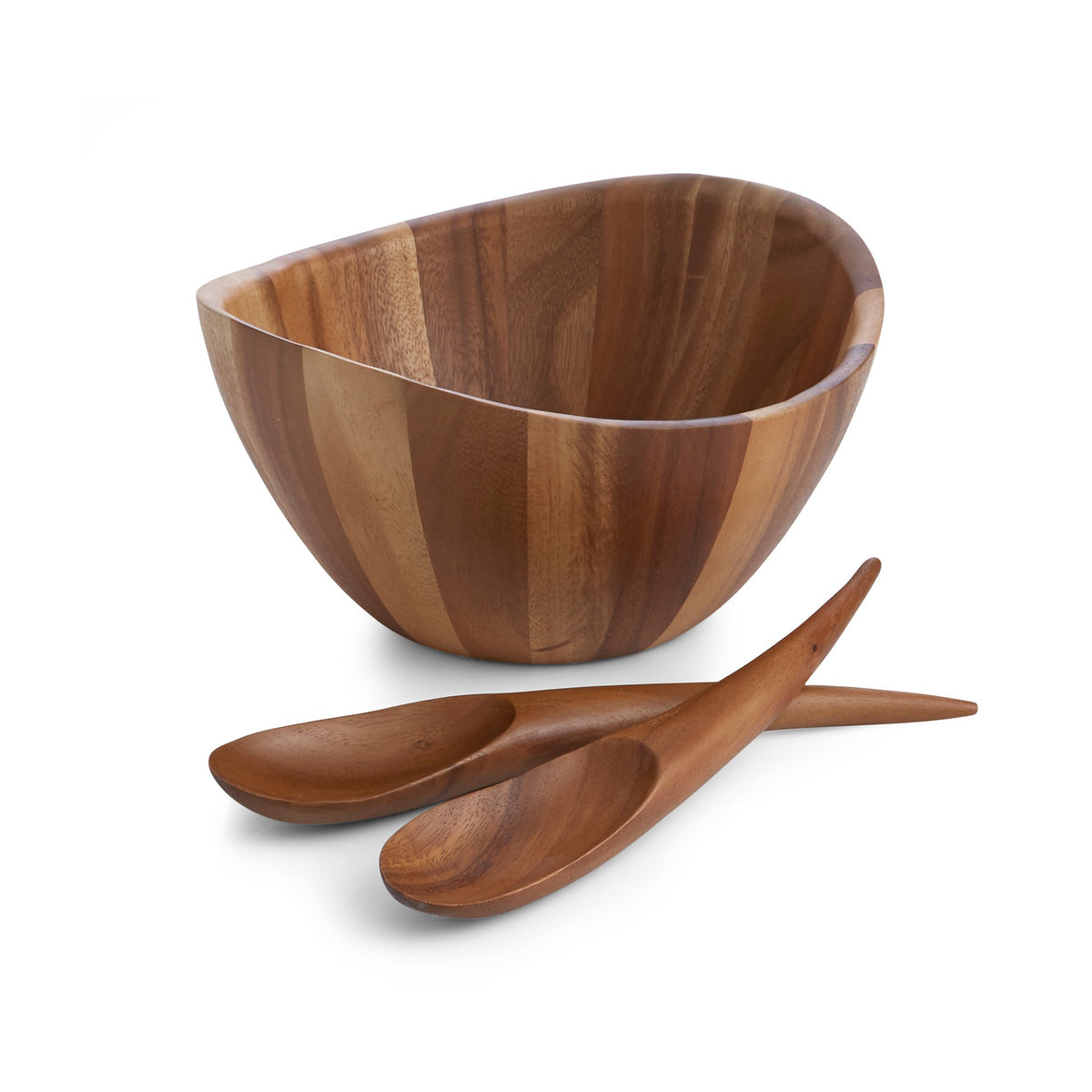 Nambe Harmony 12-inch bowl in acacia wood with rich grain for stylish salads.