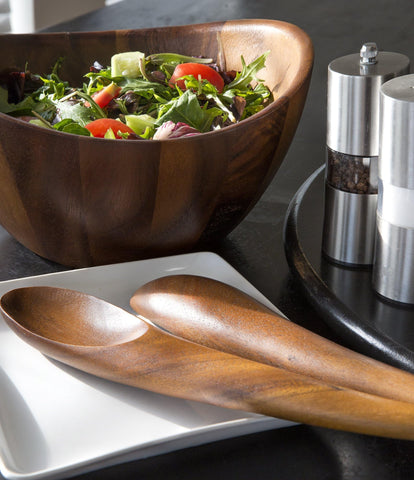 Nambe Harmony bowl and tongs ideal for family salads.