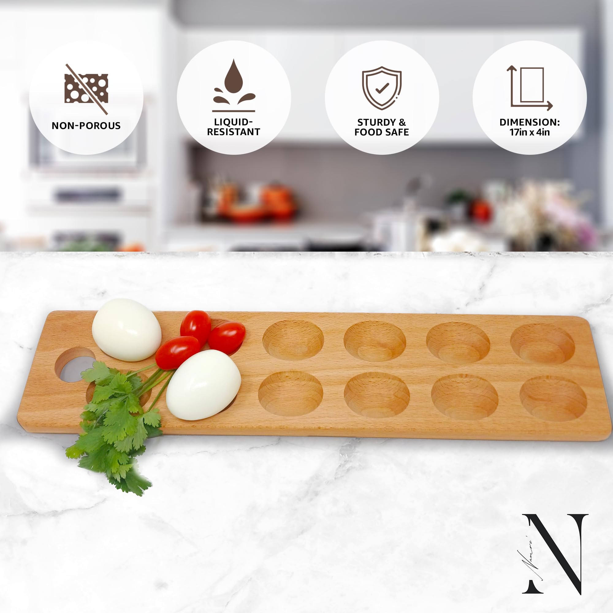 Namre' holiday egg tray keeps deviled eggs neatly organized on the table.