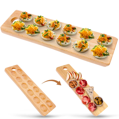 Namre' wooden deviled egg platter with 12 holes for elegant holiday entertaining.