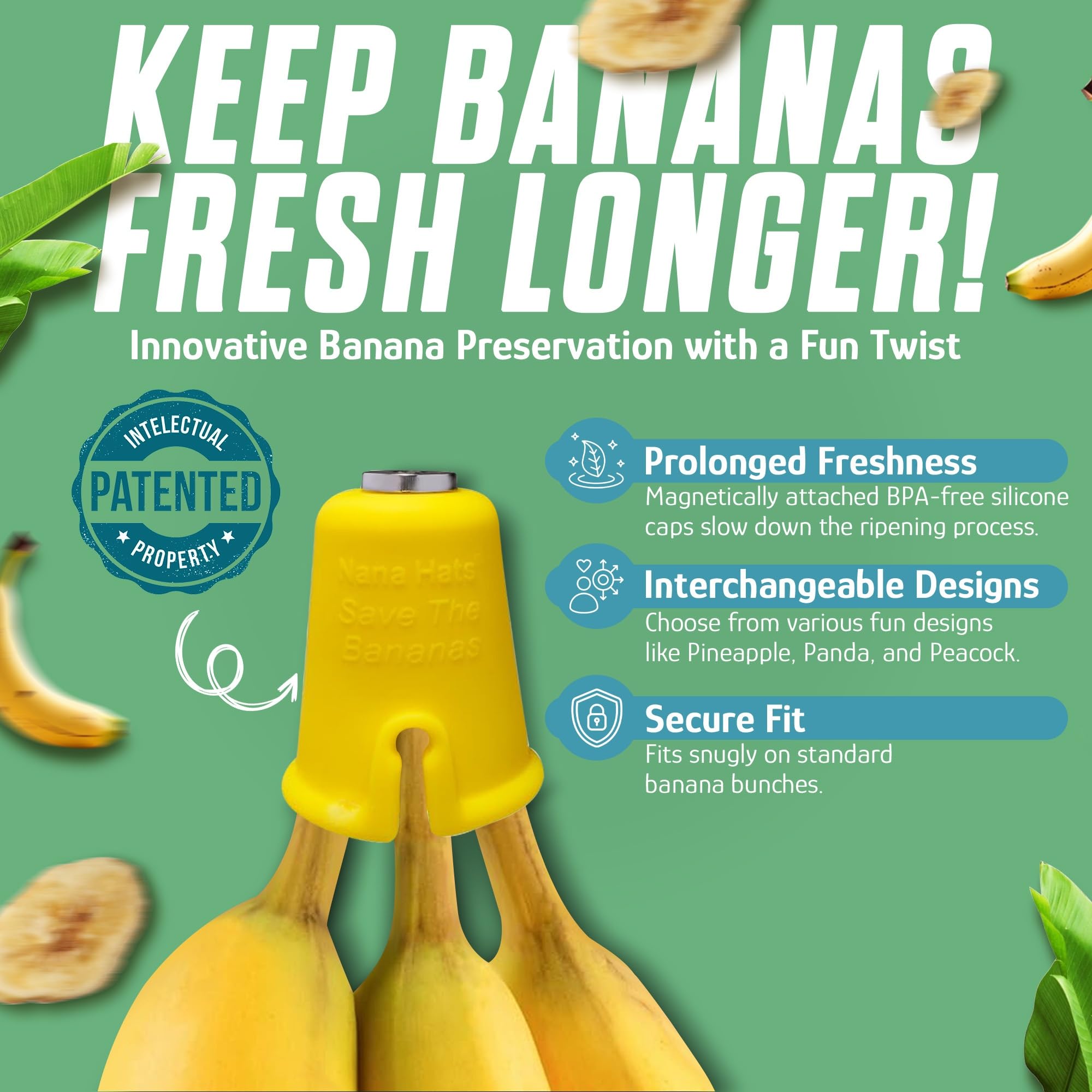 Nana Hats banana-holder-in-use demonstrates easy, mess-free snack storage.