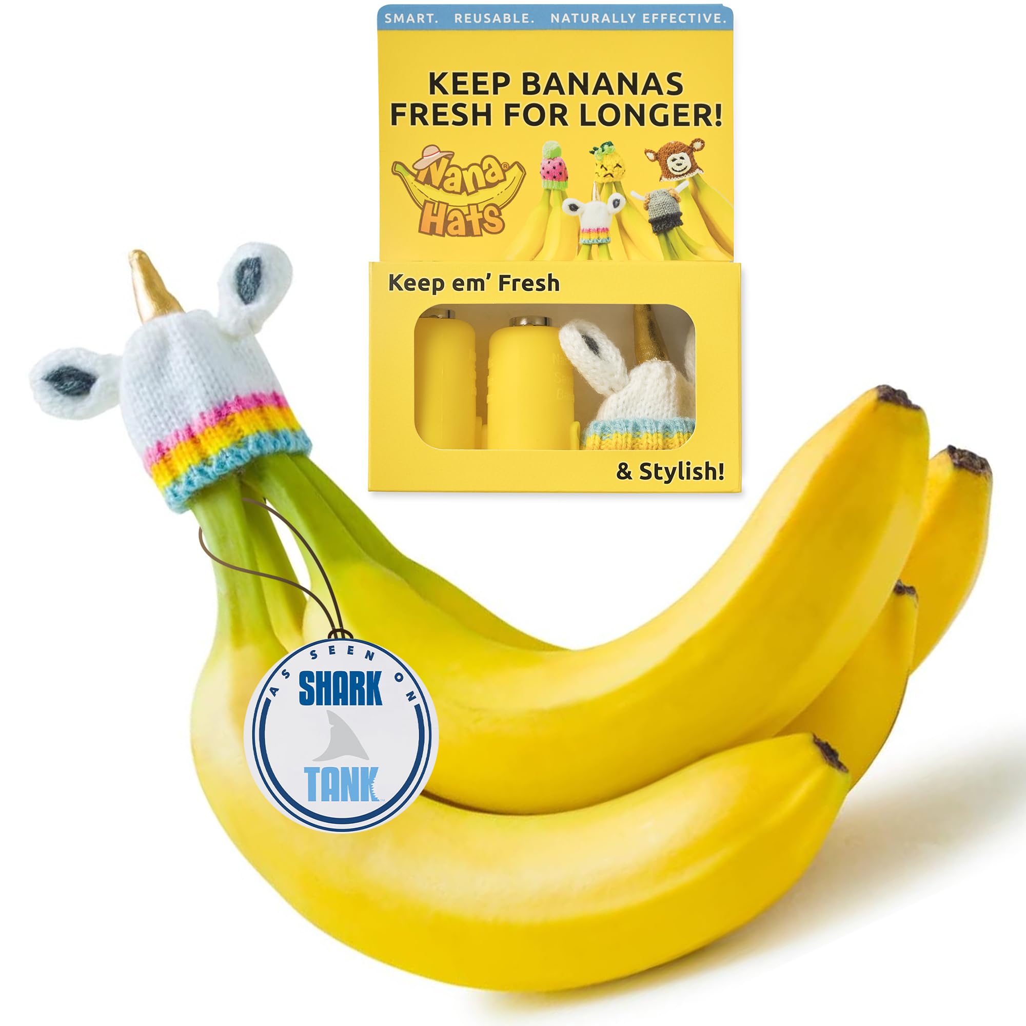 Nana Hats yellow banana-cap on crown keeps bananas fresher for longer in the kitchen.
