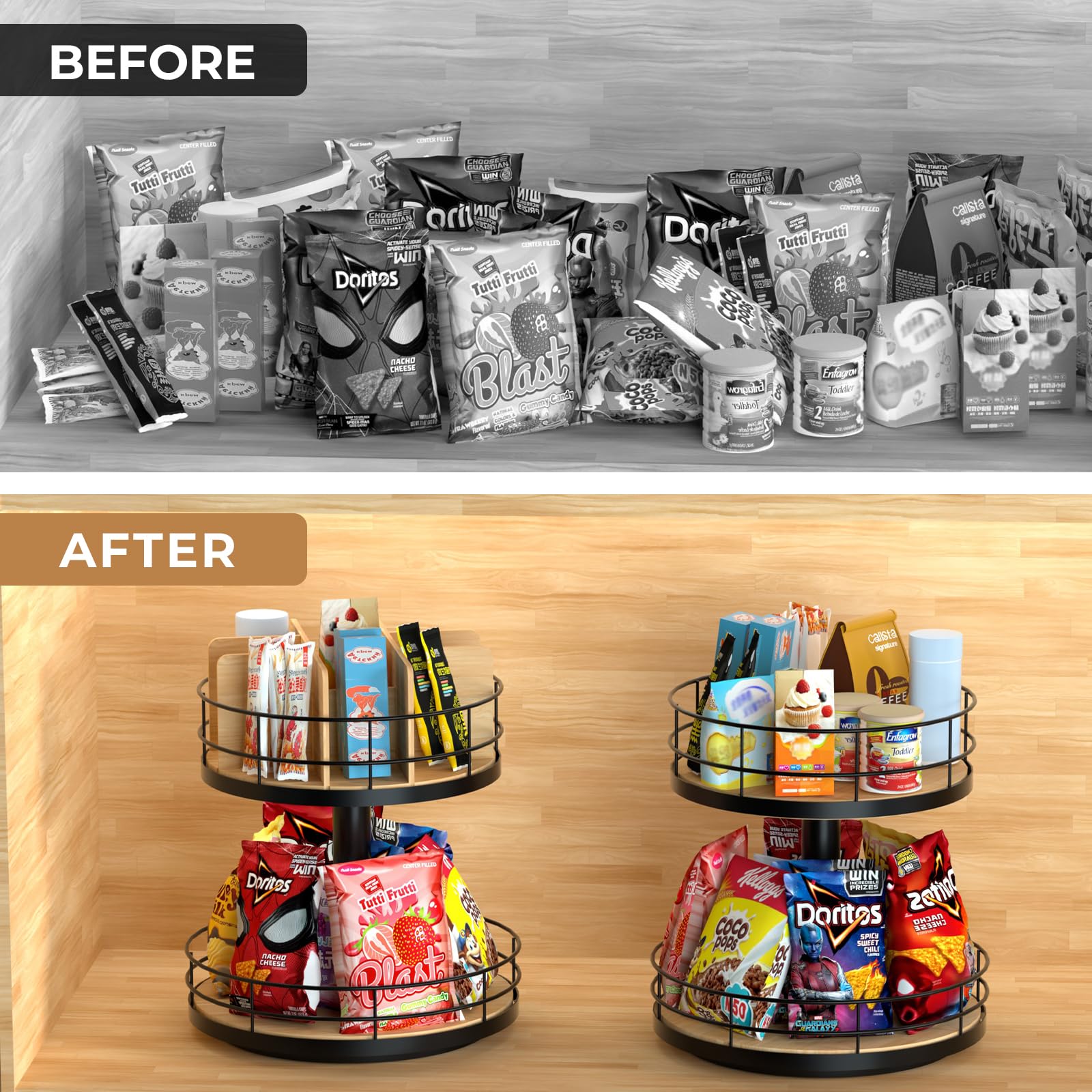 NANAGIFTREE Snack Organizer compact dimensions fit countertops and cabinets.