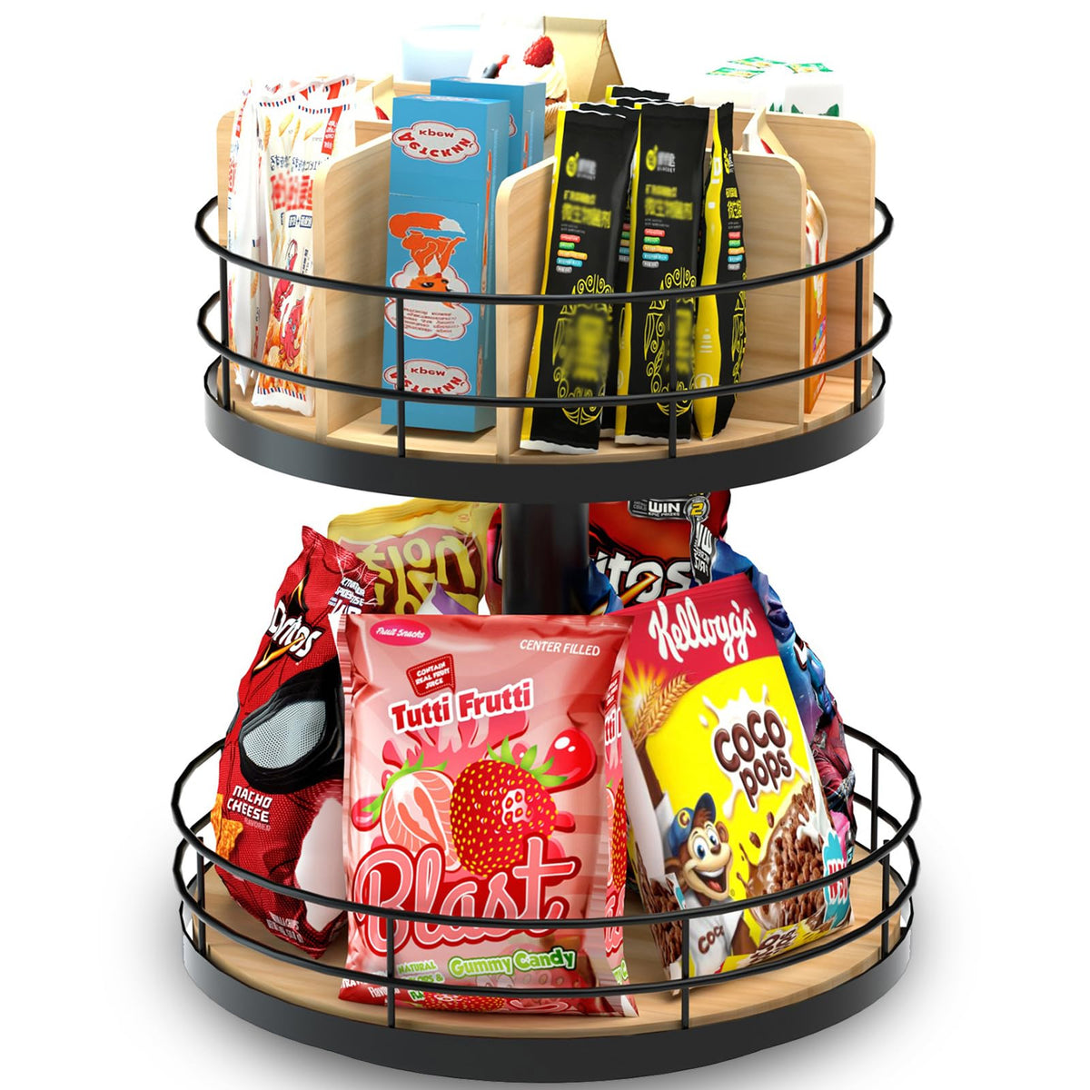 NANAGIFTREE Snack Organizer two-tier Lazy Susan keeps snacks accessible and organized.