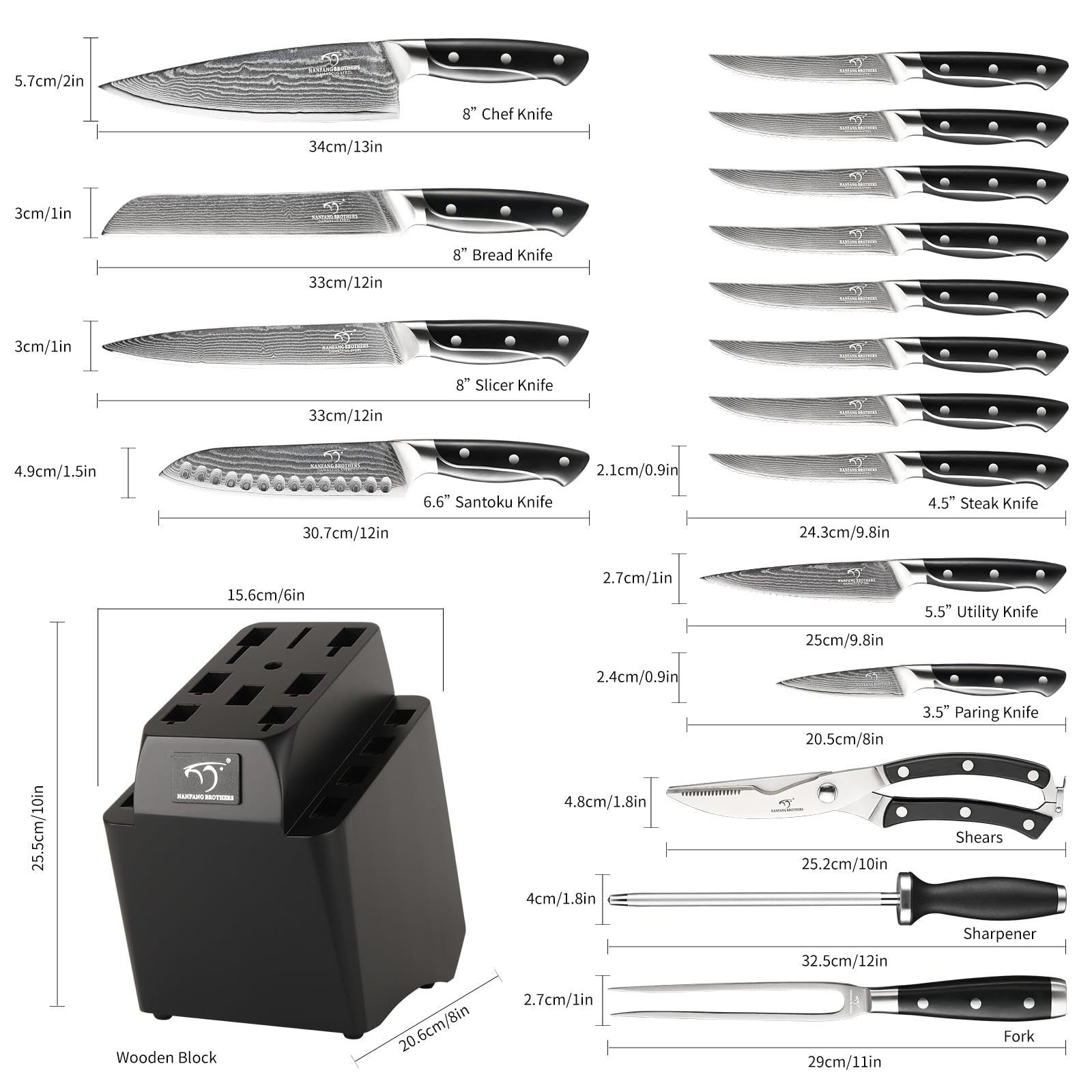 NANFANG BROTHERS 8-inch chef knife highlights VG10 core for precise slicing.