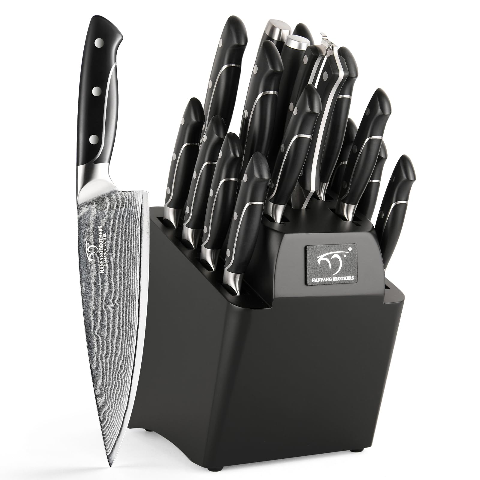 NANFANG BROTHERS Damascus knife set with wood block, front view for organized, safe kitchen storage.