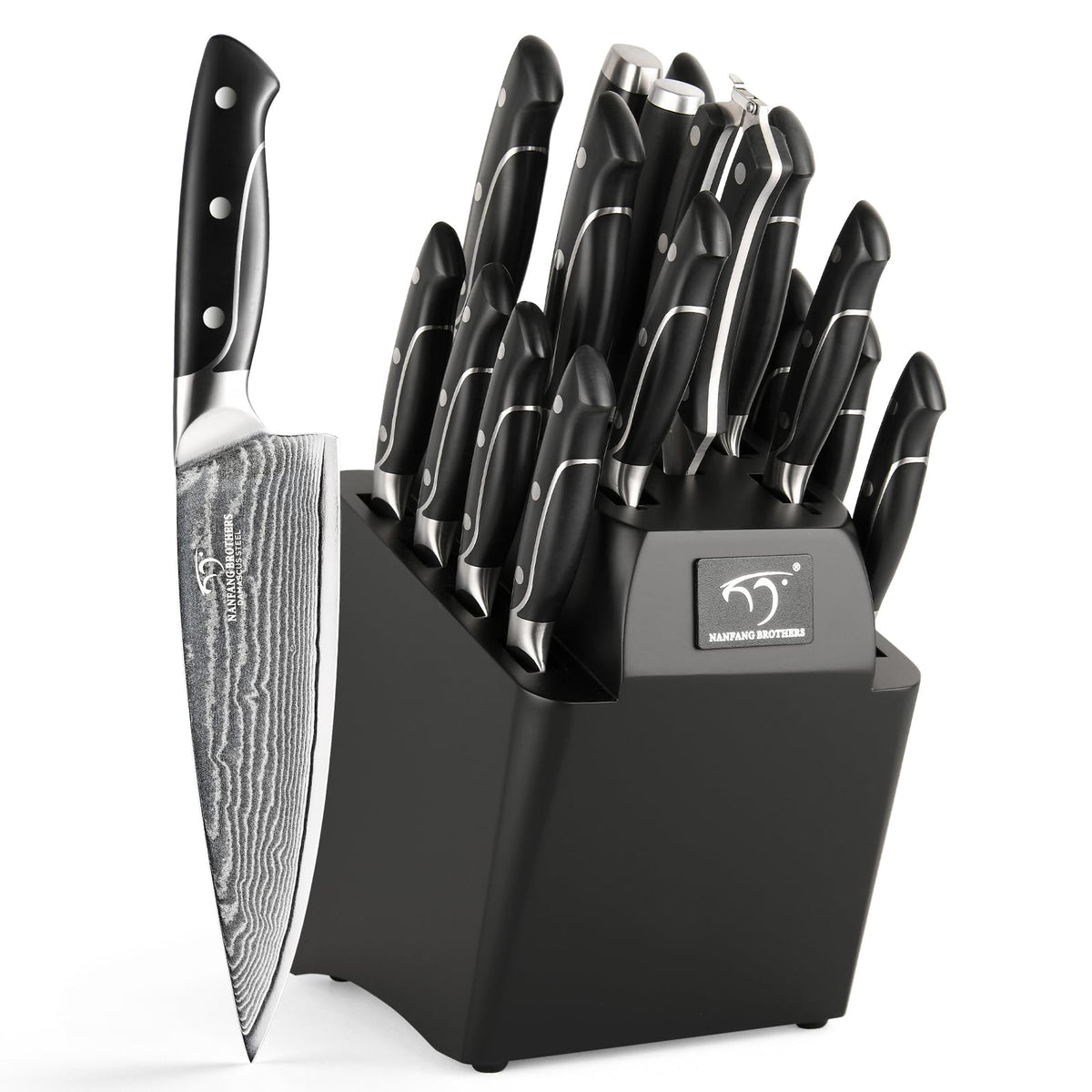 NANFANG BROTHERS Damascus knife set with wood block, front view for organized, safe kitchen storage.