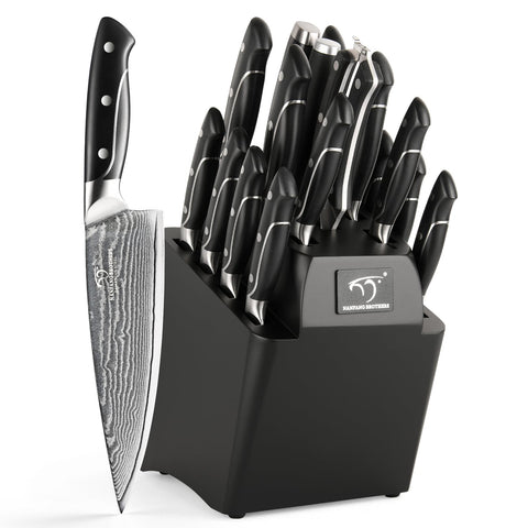 NANFANG BROTHERS Damascus knife set with wood block, front view for organized, safe kitchen storage.