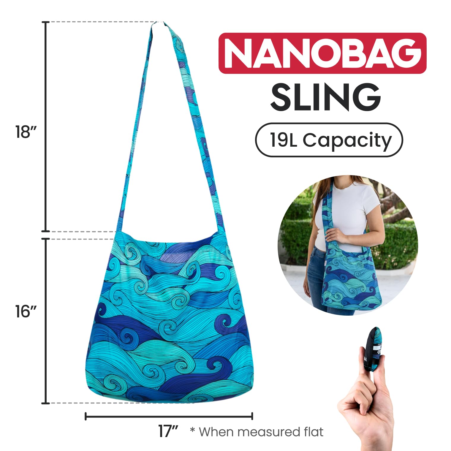 Nanobag compact travel crossbody shown with groceries for errands.