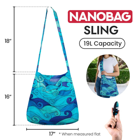 Nanobag compact travel crossbody shown with groceries for errands.