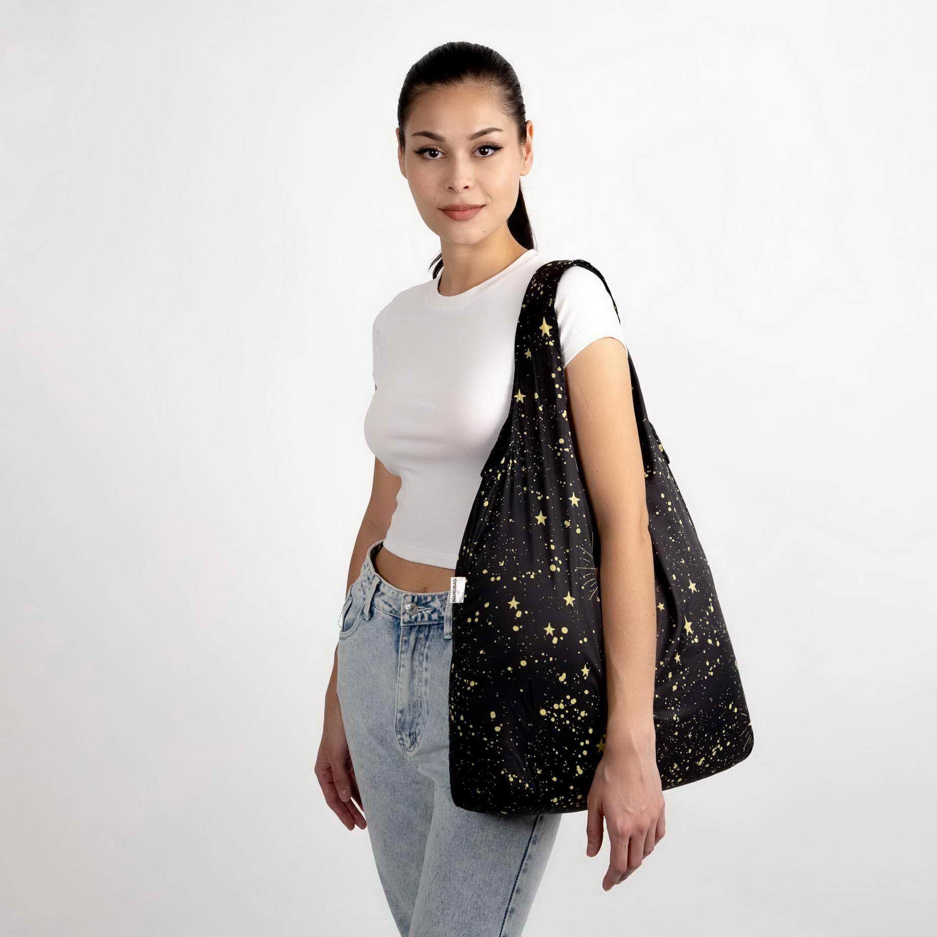 Nanobag packable design ready to tuck into a pocket for on-the-go shopping