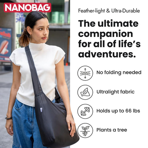 Nanobag self-folding featherlight ripstop illustrates ultra-compact packing.