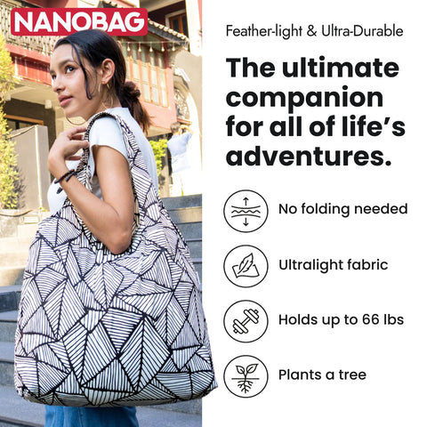 Nanobag self-folding nylon tote demonstrates compact storage and effortless packing