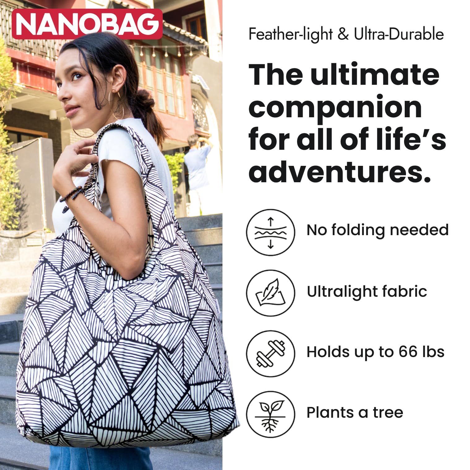 Nanobag XL foldable tote opened during shopping, sturdy and spacious