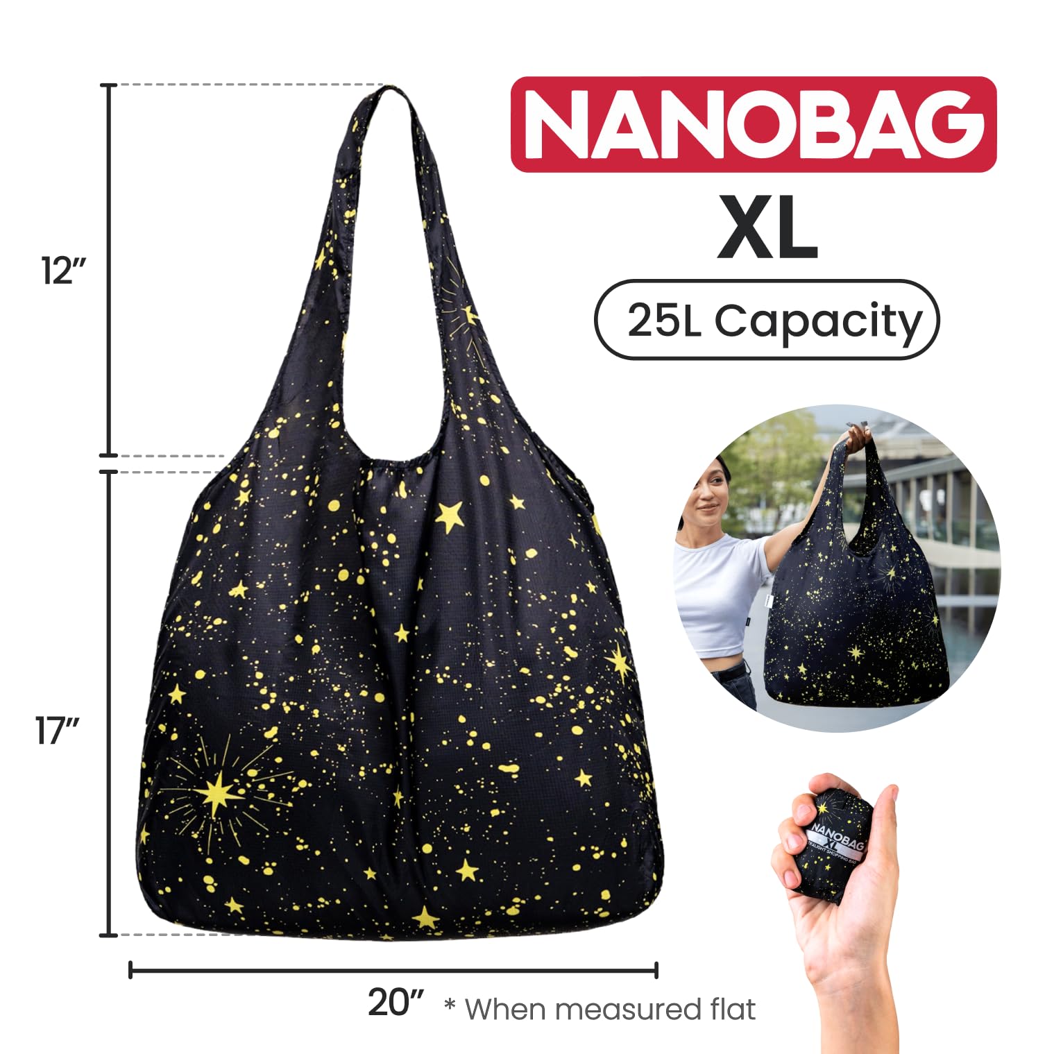 Nanobag XL foldable tote packed into its tiny pouch, exceptional portability