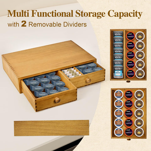 NANXITU wood coffee pod organizer top surface shows extra space for machine or mug.