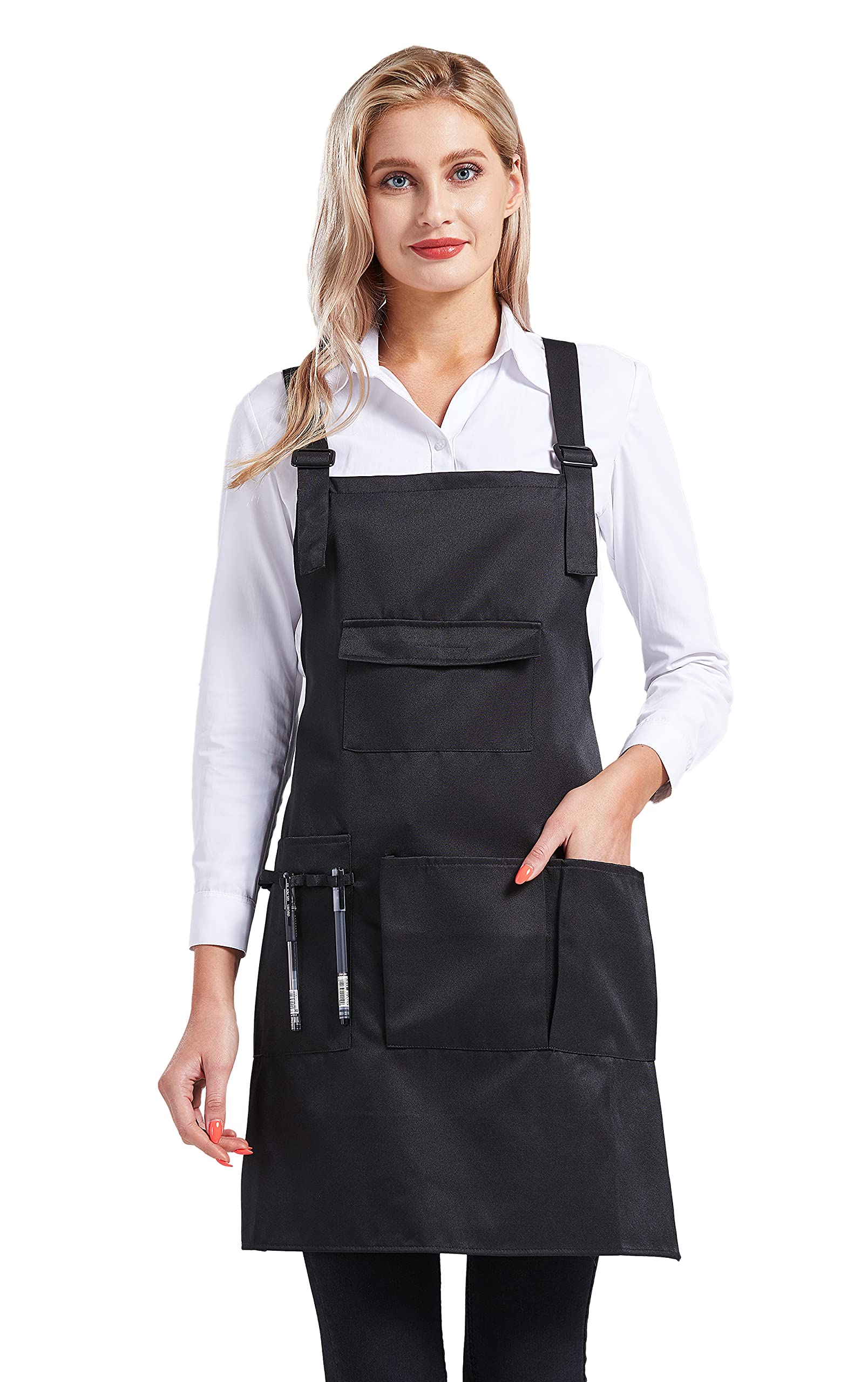 Nanxson CF3010 adjustable women bib apron in black with tool pockets for salon work.