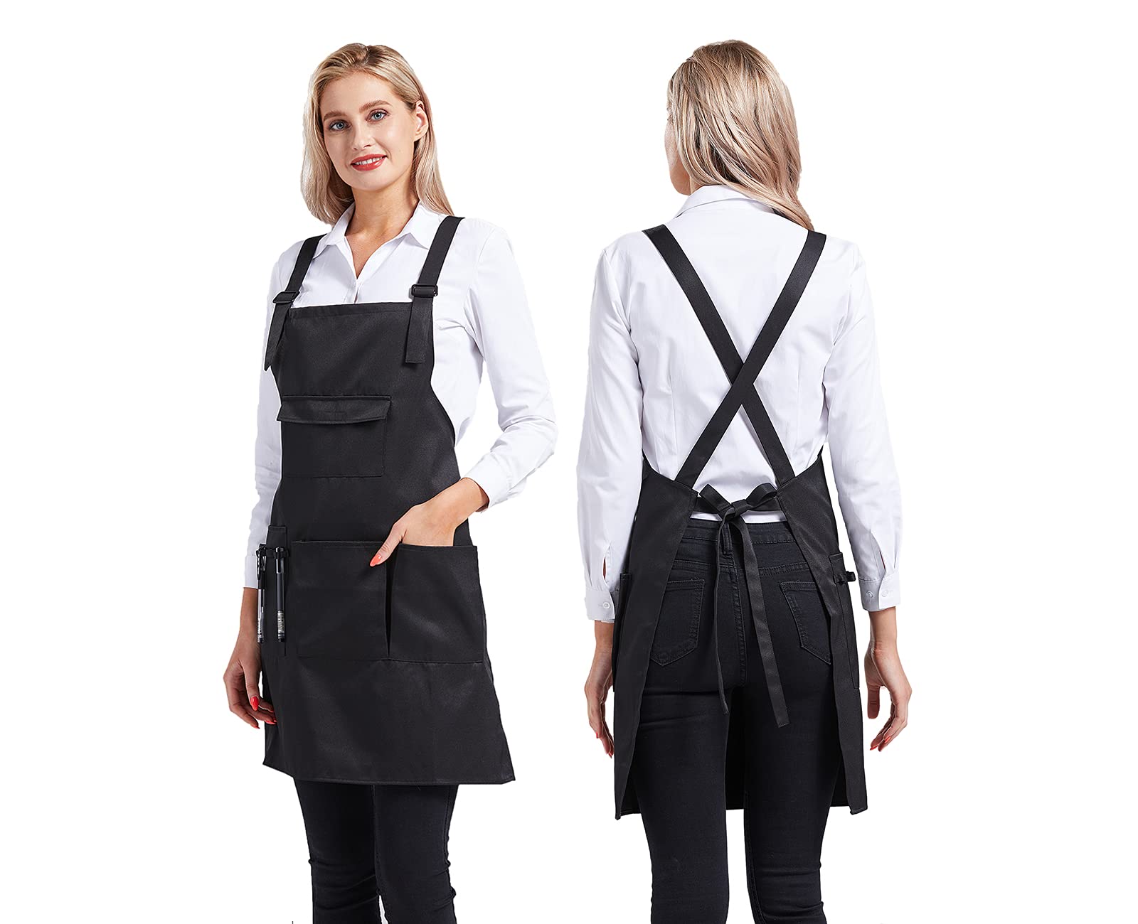 Nanxson salon apron with four pockets keeps scissors, pens, and phone within reach.